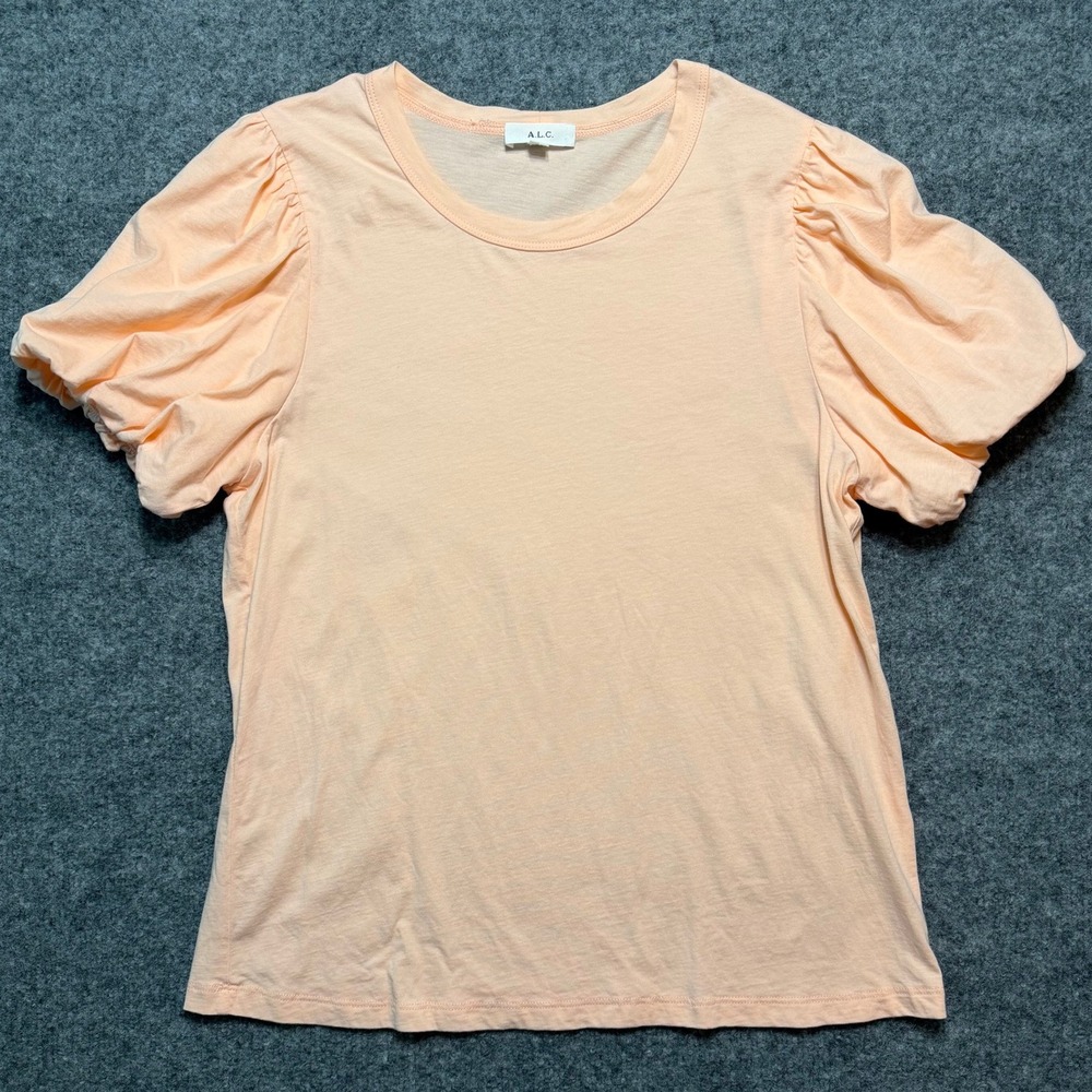 A.L.C. Peach Puff Sleeve Cotton T-Shirt Crewneck Short Sleeve Apricot Large
